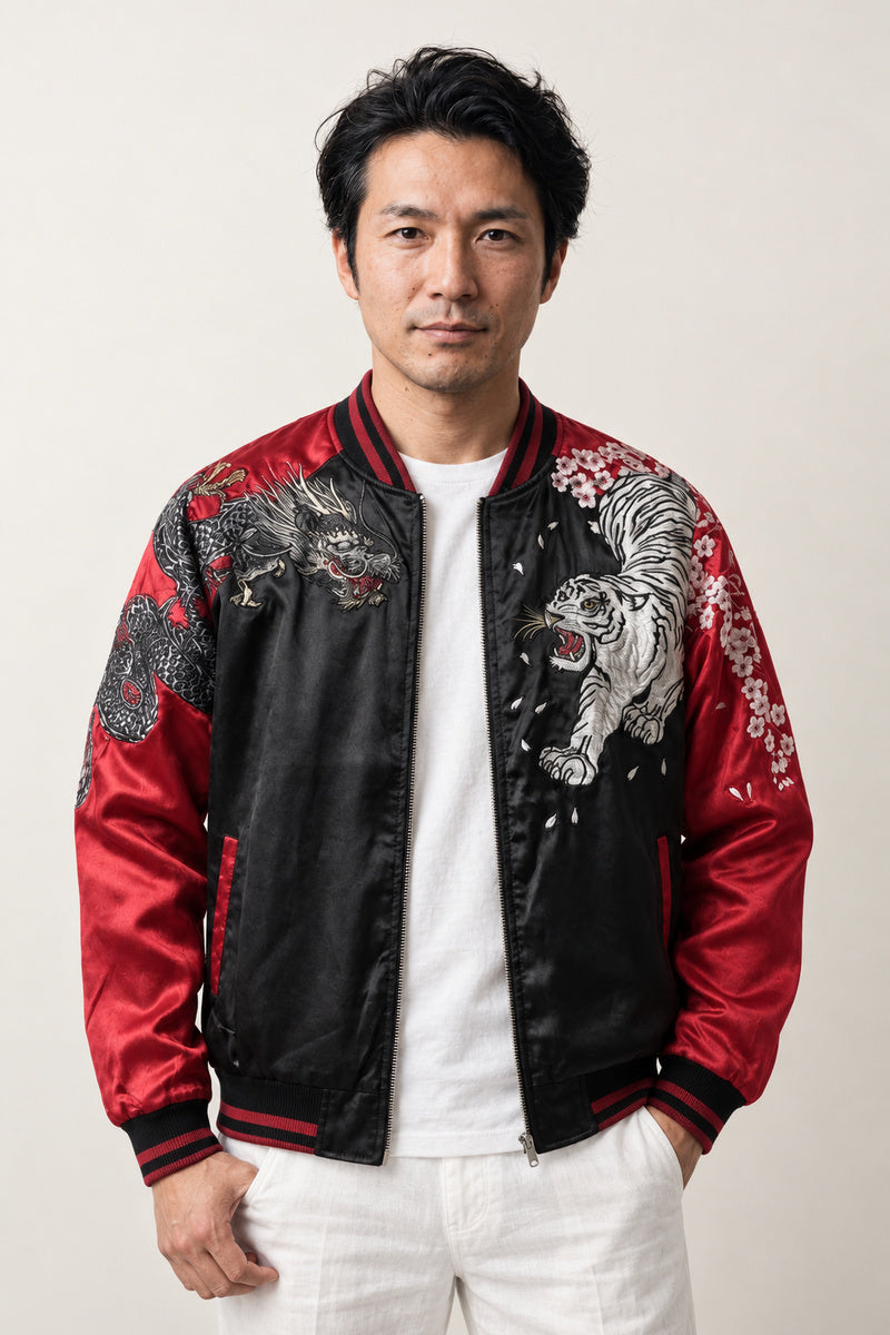 Diving Eagle Sukajan 'Owashi' – black and red version, embroidered tiger sukajan bomber, front view on model
