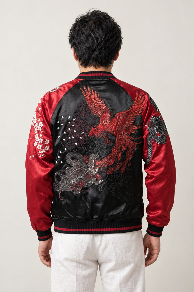 Diving Eagle Sukajan 'Owashi' – back view of the black and red version, embroidered diving eagle on the back