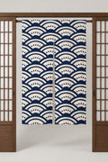 Dotted Seigaiha Japanese Noren 'Hoshinami' – cream noren with large navy seigaiha pattern and dots, split Japanese noren door curtain hung on a rod between sliding screens, studio view