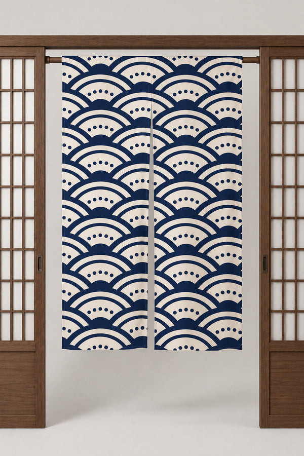 Dotted Seigaiha Japanese Noren 'Hoshinami' – cream noren with large navy seigaiha pattern and dots, split Japanese noren door curtain hung on a rod between sliding screens, studio view