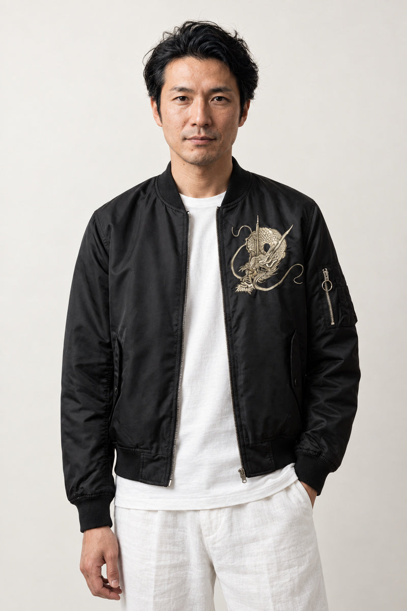 Dragon Head Bomber Jacket 'Ryuto' – black bomber jacket with small embroidered dragon head, Japanese streetwear, front view on model
