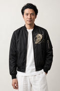 Dragon Head Bomber Jacket 'Ryuto' – black bomber jacket with small embroidered dragon head, Japanese streetwear, front view on model