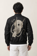 Dragon Head Bomber Jacket 'Ryuto' – back view of black bomber jacket showing the embroidered coiled dragon