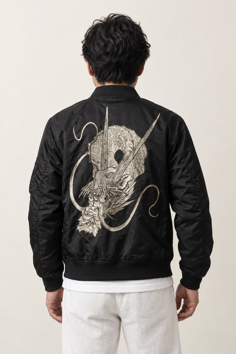 Dragon Head Bomber Jacket 'Ryuto' – back view of black bomber jacket showing the embroidered coiled dragon