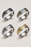 Dragon Inlay Band Ring 'Zogan' – bevelled stainless steel band ring with inlaid scrolling dragon strip, Japanese dragon band ring, studio view