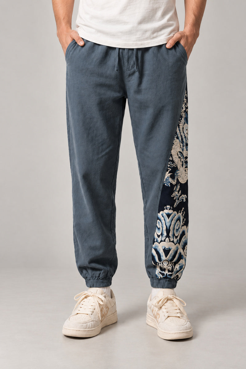 Dragon Panel Wide Leg Pants 'Tatsunami' – back view of the slate blue dragon panel wide leg pants