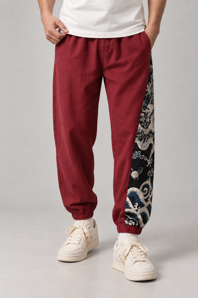 Dragon Panel Wide Leg Pants 'Tatsunami' – burgundy version of the dragon panel wide leg pants, front view on model