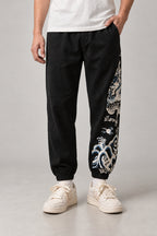 Dragon Panel Wide Leg Pants 'Tatsunami' – black version of the dragon panel wide leg pants, front view on model