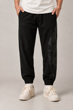 Dragon Panel Wide Leg Pants 'Tatsunami' – black dragon panel wide leg pants, side view on model