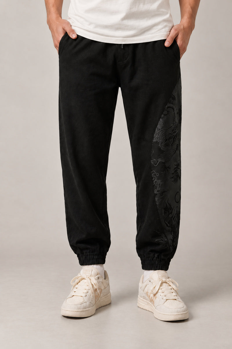 Dragon Panel Wide Leg Pants 'Tatsunami' – black dragon panel wide leg pants, side view on model
