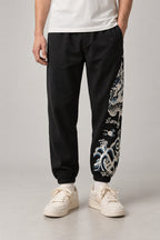 Dragon Panel Wide Leg Pants 'Tatsunami' – black dragon panel wide leg pants, front view on model