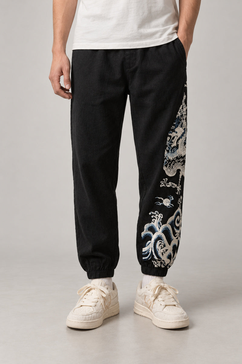 Dragon Panel Wide Leg Pants 'Tatsunami' – black dragon panel wide leg pants, front view on model