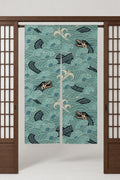 Dragon Wave Noren Curtain 'Ryunami' – green noren with carp leaping through a seigaiha wave pattern, split Japanese noren door curtain hung on a rod between sliding screens, studio view