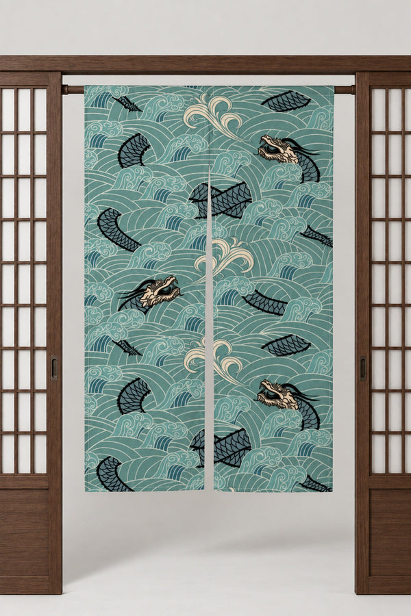 Dragon Wave Noren Curtain 'Ryunami' – green noren with carp leaping through a seigaiha wave pattern, split Japanese noren door curtain hung on a rod between sliding screens, studio view