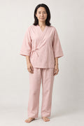 Dusty Pink Kimono Style Pyjamas 'Sakuyu' – dusty pink women's kimono style pyjamas with side-tie wrap top, jinbei loungewear set, front view on model