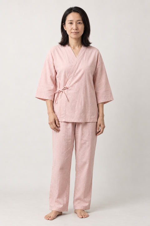 Dusty Pink Kimono Style Pyjamas 'Sakuyu' – dusty pink women's kimono style pyjamas with side-tie wrap top, jinbei loungewear set, front view on model