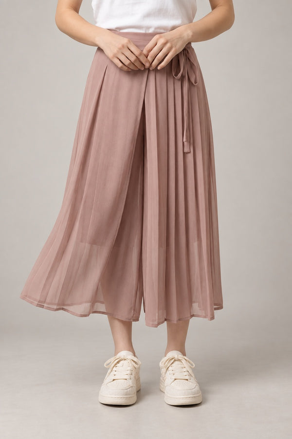 Dusty Rose Pleated Hakama Skirt 'Tokiiro' – dusty rose pink pleated hakama skirt with tie, women's Japanese wide leg skirt-pants, front view on model
