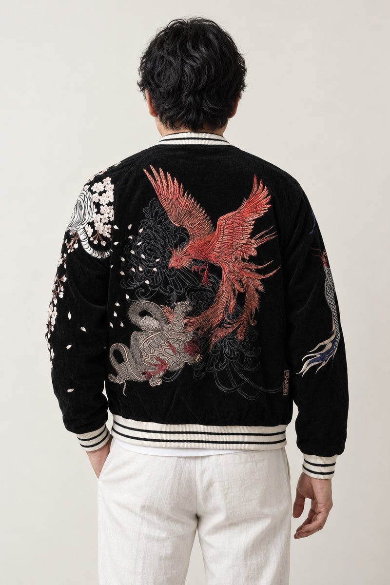 Eagle and Dragon Bomber Jacket 'Tenku' – back view of black sukajan showing the embroidered red eagle and dragon