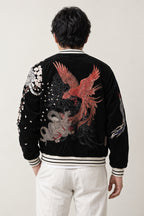 Eagle and Dragon Bomber Jacket 'Tenku' – back view of black sukajan showing the embroidered red eagle and dragon