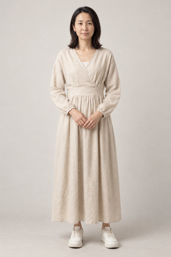 Ecru Japanese Wrap Maxi Dress 'Shirotae' – ecru cream wrap front maxi dress with long sleeves, Japanese style linen-look dress, front view on model