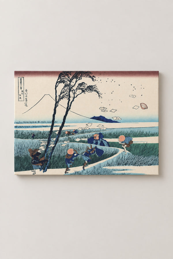 Ejiri Gust of Wind Hokusai Print 'Sunshu' – Ejiri in Suruga, gust of wind scattering papers and hats from Hokusai's Thirty-six Views of Mount Fuji, ukiyo-e canvas print on wooden frame, Japanese wall art, studio view