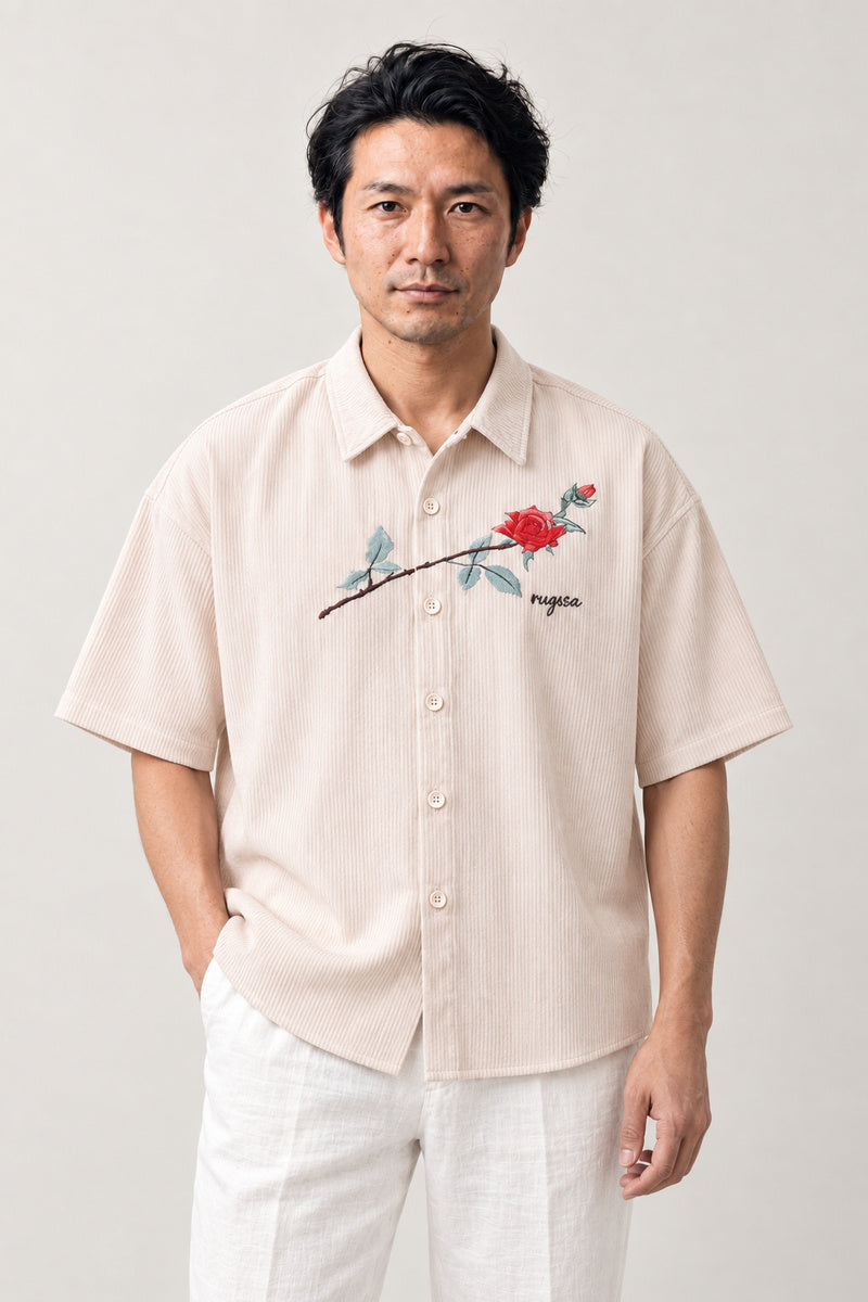 Embroidered Rose Shirt 'Hamanasu' – cream short sleeve shirt with embroidered red rose, Japanese streetwear camp collar shirt, front view on model