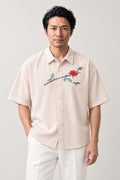 Embroidered Rose Shirt 'Hamanasu' – cream short sleeve shirt with embroidered red rose, Japanese streetwear camp collar shirt, front view on model