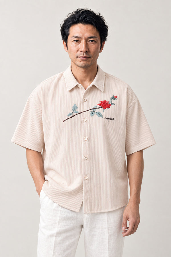 Embroidered Rose Shirt 'Hamanasu' – cream short sleeve shirt with embroidered red rose, Japanese streetwear camp collar shirt, front view on model