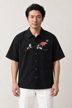 Embroidered Rose Shirt 'Hamanasu' – black version of the embroidered rose shirt, front view on model