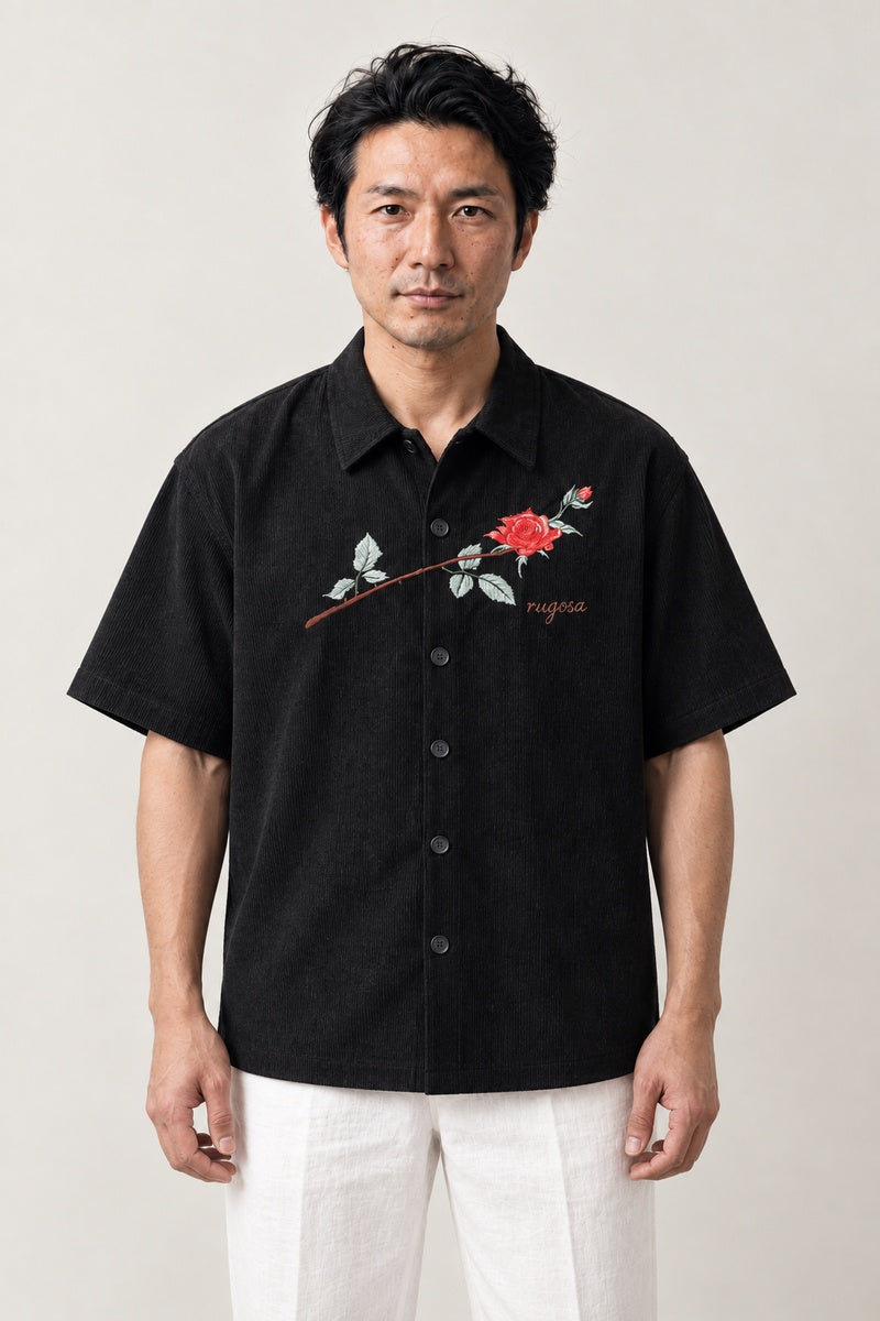 Embroidered Rose Shirt 'Hamanasu' – black version of the embroidered rose shirt, front view on model