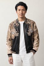 Embroidered Tiger Bomber Jacket 'Moko' – black and cream sukajan with embroidered tiger and dragon, Japanese sukajan souvenir bomber jacket, front view on model