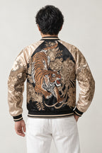 Embroidered Tiger Bomber Jacket 'Moko' – back view of the black and cream version, embroidered tiger among peonies on the back