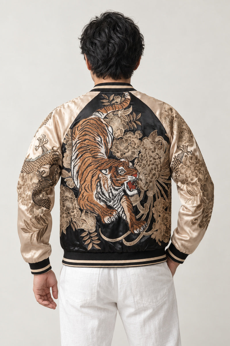 Embroidered Tiger Bomber Jacket 'Moko' – back view of the black and cream version, embroidered tiger among peonies on the back