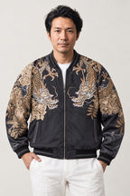 Embroidered Tiger Bomber Jacket 'Moko' – black and gold version, sukajan with embroidered tiger and dragon, front view on model