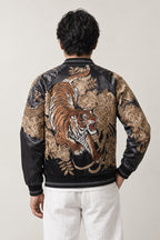 Embroidered Tiger Bomber Jacket 'Moko' – back view of the black and gold version, embroidered tiger and dragon on the back