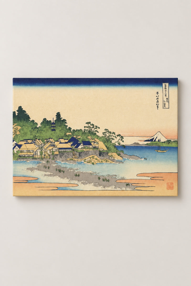 Enoshima Island Ukiyo-e Print 'Soshu' – Enoshima in Sagami Province, island village and sandbar from Hokusai's Thirty-six Views of Mount Fuji, ukiyo-e canvas print on wooden frame, Japanese wall art, studio view