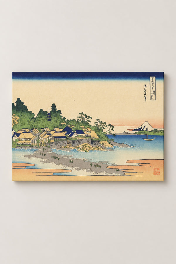 Enoshima Island Ukiyo-e Print 'Soshu' – Enoshima in Sagami Province, island village and sandbar from Hokusai's Thirty-six Views of Mount Fuji, ukiyo-e canvas print on wooden frame, Japanese wall art, studio view