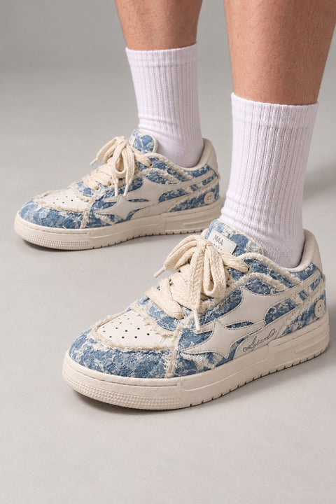 Faded Blue Court Sneakers 'Mizuasa' – faded blue floral denim court sneakers with cream panels, Japanese streetwear sneakers worn with white socks, on model