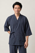 Faded Blue Jinbei Set 'Hanada' – faded blue jinbei set, unisex Japanese loungewear two-piece Japanese jinbei set with side-tie top and shorts, front view on model