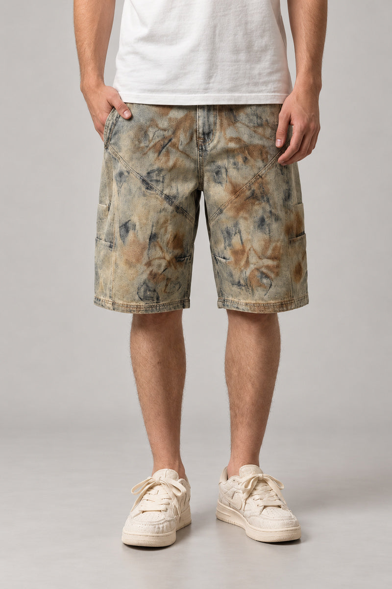 Faded Floral Acid Wash Shorts 'Nijimi' – beige faded floral acid wash denim shorts with wide leg, Japanese streetwear shorts, front view on model