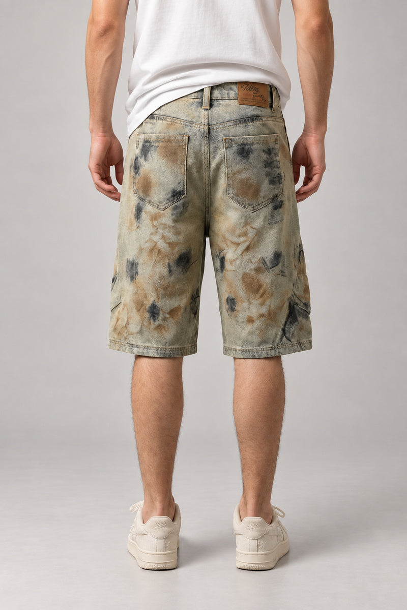 Faded Floral Acid Wash Shorts 'Nijimi' – back view of the beige faded floral acid wash denim shorts, on model