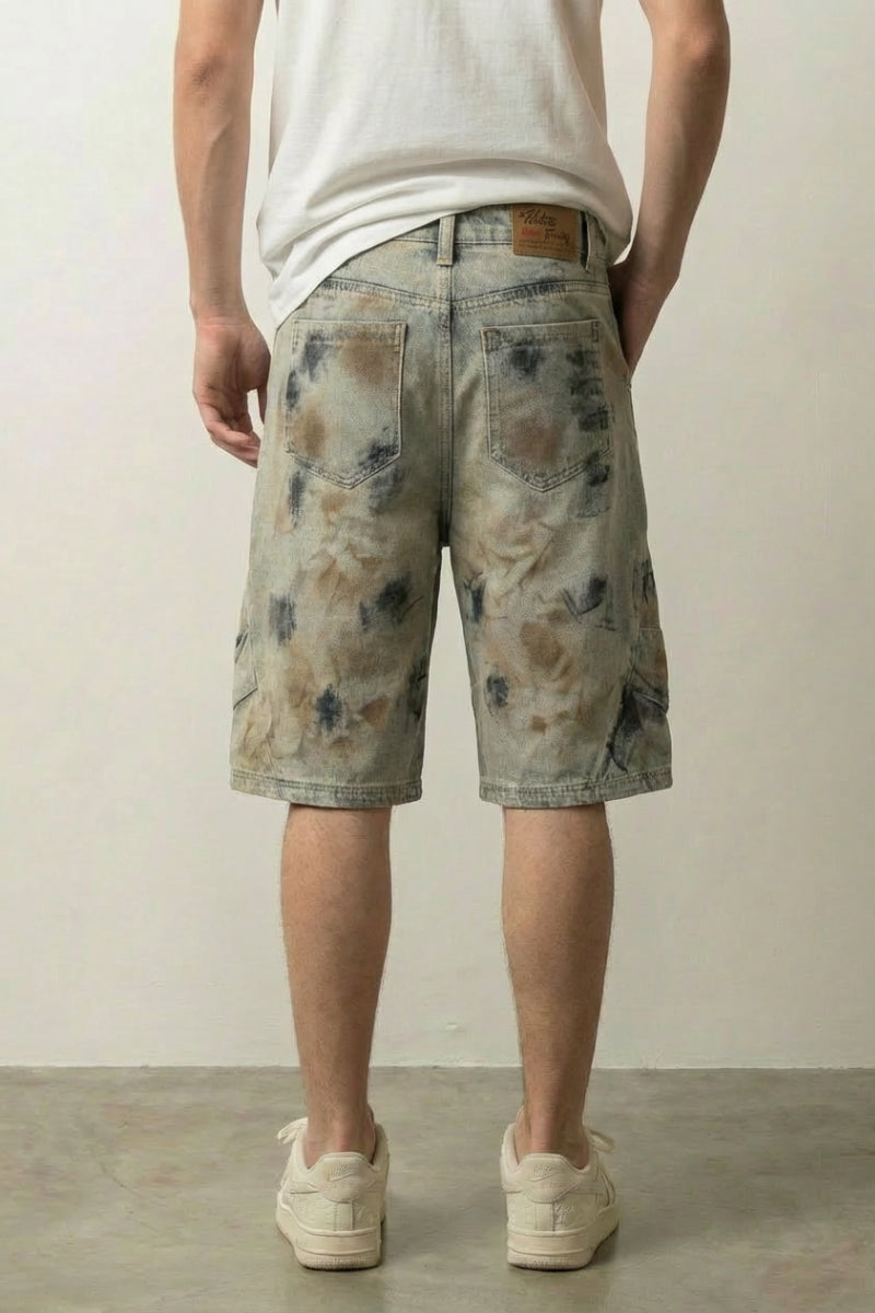 Faded Floral Acid Wash Shorts 'Nijimi' – back view on model, studio