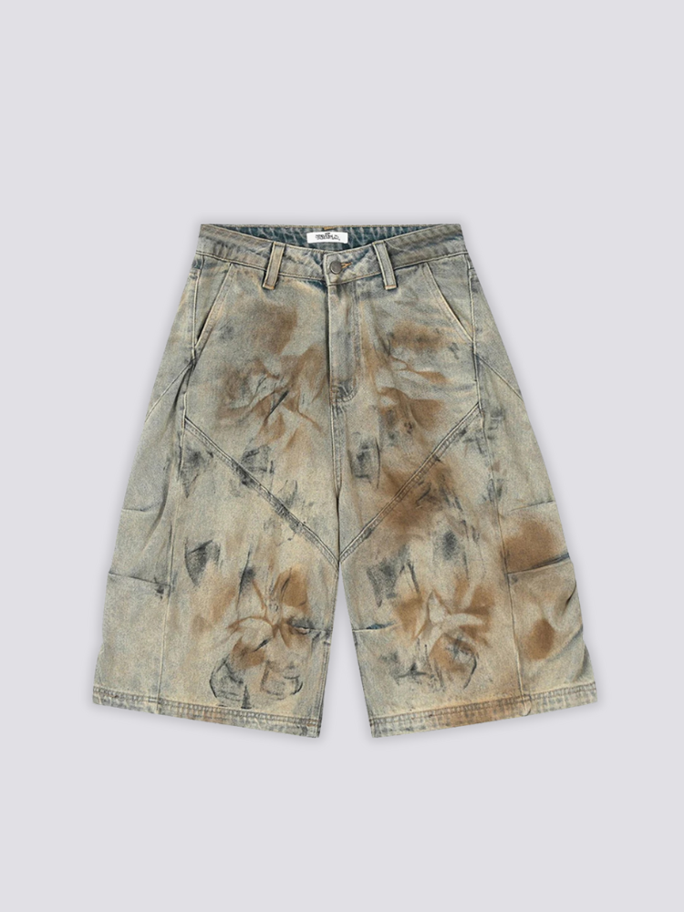 Faded Floral Acid Wash Shorts 'Nijimi' – flat lay front view of the beige faded floral acid wash denim shorts