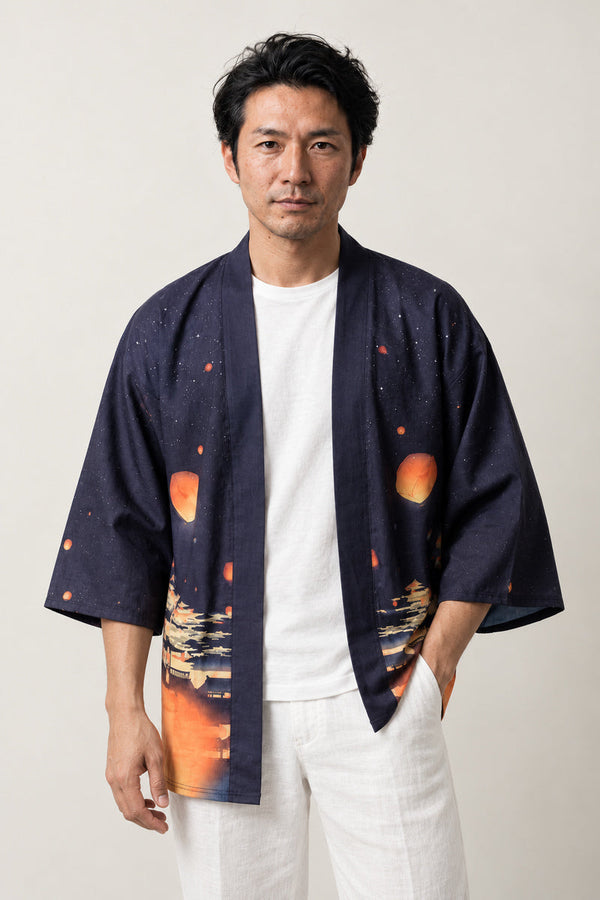 Floating Lantern Kimono Jacket 'Yoimatsuri' – navy Japanese kimono jacket with floating lantern festival print, unisex haori style cardigan, front view on model