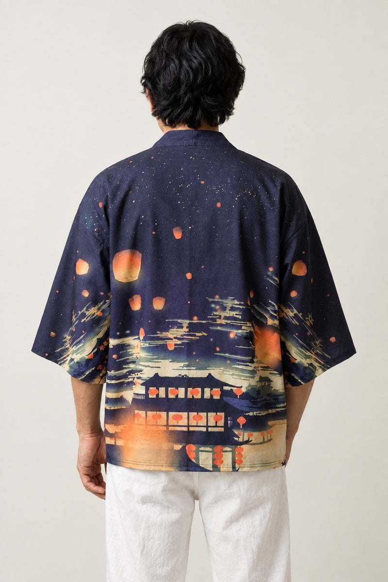 Floating Lantern Kimono Jacket 'Yoimatsuri' – back view of navy kimono jacket showing the lantern festival night scene print