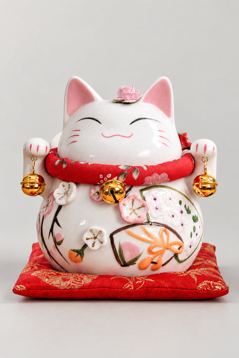 Floral Maneki Neko Money Box 'Hanaguruma' – white ceramic lucky cat money box with a pink flower on its head and blossom and fans in relief, Japanese maneki neko lucky cat figurine on a red brocade cushion, studio view