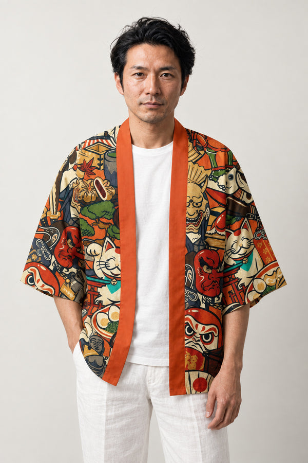 Folk Art Fashion Haori 'Ennichi' – haori jacket with all-over Japanese folk art festival print, daruma, masks and lucky charms in red and orange, unisex kimono cardigan, front view on model