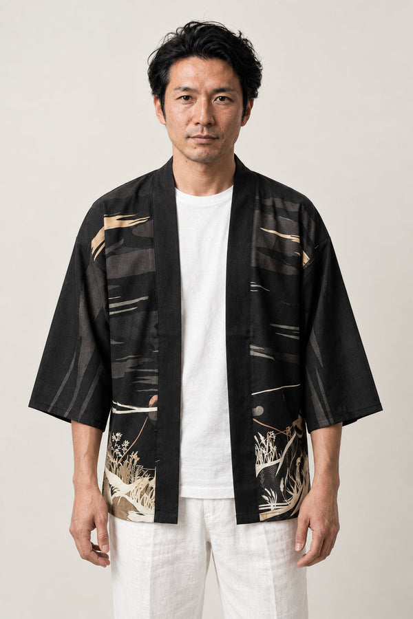 Fox and Torii Kimono Cardigan 'Tsukigitsune' – black Japanese kimono jacket with fox and torii gate print, open-front haori style cardigan, front view on model
