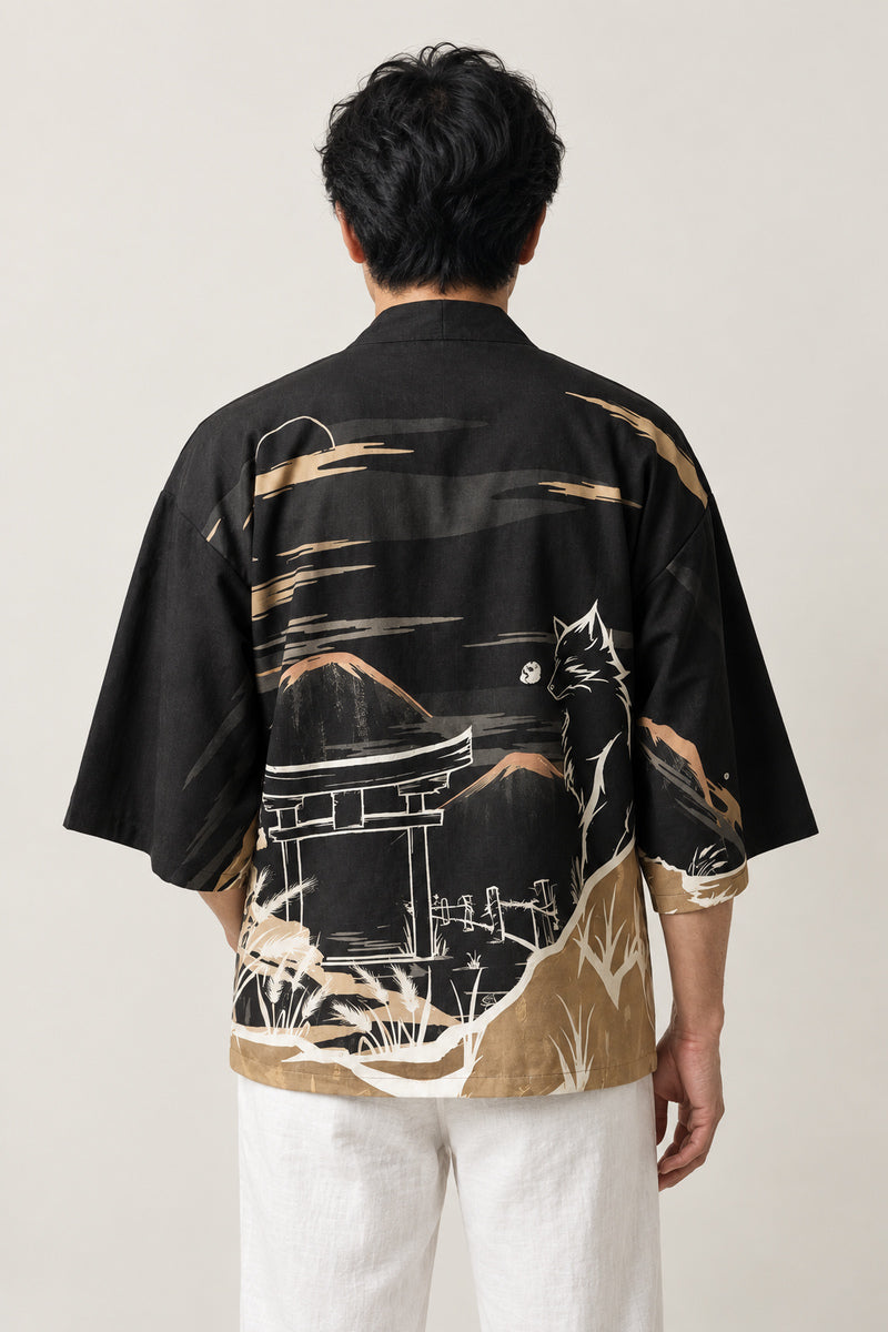 Fox and Torii Kimono Cardigan 'Tsukigitsune' – back view of black kimono cardigan showing the full fox, torii and moon print, Japanese streetwear jacket