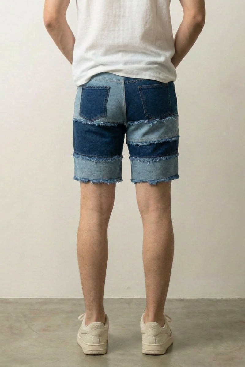 Frayed Seam Patchwork Shorts 'Hotsure' – back view on model, studio
